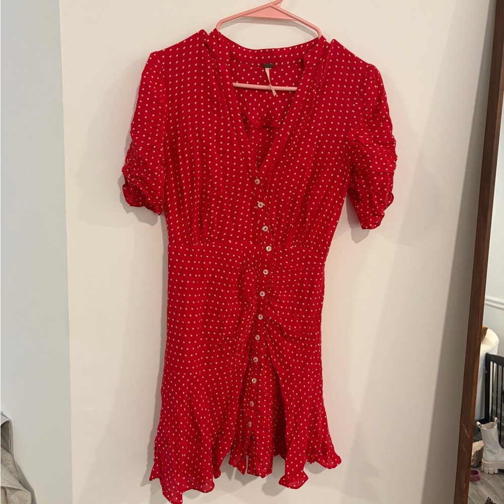 Free People Red Mini Dress with White Polka Dots